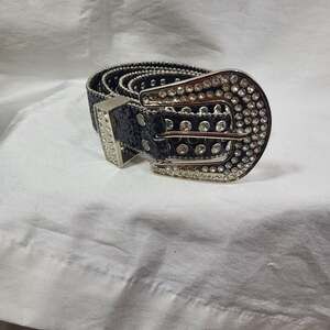 Plus size Black Western Rhinestone and Studded Faux Leather Belt with Ornate Buc